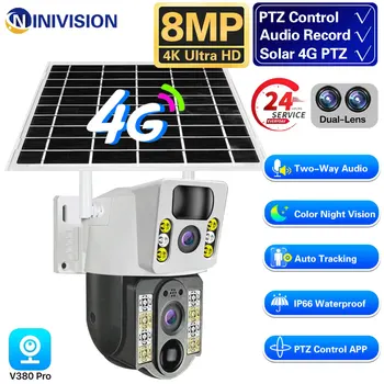 IP камера 4G СИМ-карта 4K 8MP с две лещи, Двухэкранная PTZ камера с автоматично проследяване на охранителни Камери за Външно видеонаблюдение V380 Pro