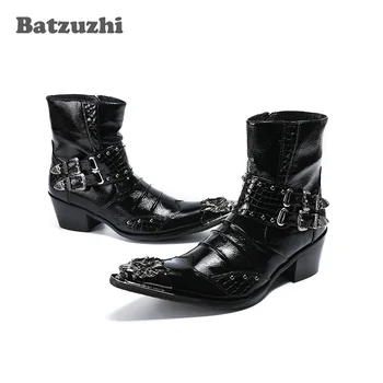 Мъжки обувки Batzuzhzi с метален остър пръсти на висок ток 6,5 см, кожени ботуши Hombre с катарами, Мотоциклетни къси ботуши в стил пънк-рок.