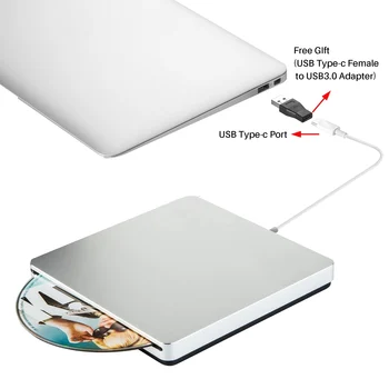 Външен диск за запис на DVD дискове, Type-C автомобил с оптични дискове с тънък слот за запис на CD/ DVD +/- RW C USB Superdrive за Mac / Window
