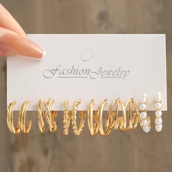 Модерен набор от женски обици-халки с метални перли в златен цвят, Геометричния С-образна форма, обеци в формата на кръг кръгове, Комплект бижута за подарък