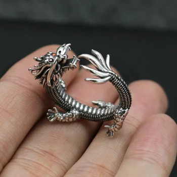 Винтажное тайское сребърен пръстен мъжки пръстен с глава на дракон, властен характер, прическа в китайски стил