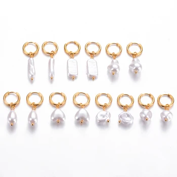 Нови семпли обеци-халки от неръждаема стомана златен цвят за жени, обици от изкуствени перли са с неправилна форма, хипоалергичен бижута подарък
