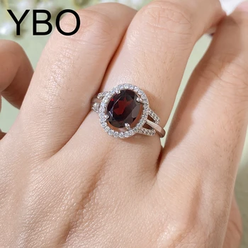 YBO Овалния естествен гранат червен Бижута със скъпоценни камъни Пръстен S925 CZ Silver Дамски пръстен на пръста на Сватбени декорации за годеж