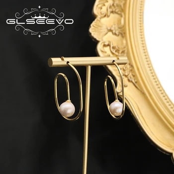 GLSEEVO Нови перлени обеци обръчи Г-образна форма с Перлени обеци ръчна изработка в Перу Сладки эстетичные обеци за жени Колекция от бижута