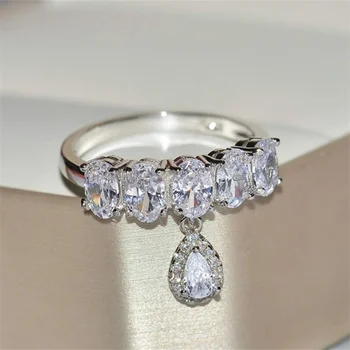 Изящни сребърни пръстени с геометрия капки вода за жени, модни бижута сватба с метална с гравюри от бял камък, Сватбени декорации