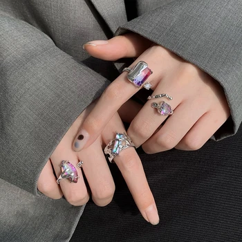 MENGJIQIAO Корейски Модерен Дизайн, Нередовна Метални Регулируеми Пръстени За жени, Модни бижута с цветни кристални пръстени на палеца