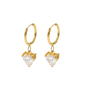 Модни висящи обеци във формата на сърце с блестящи камъни от цирконий - универсални и стилни нитове за уши за жени