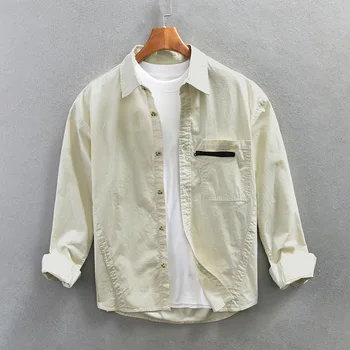 Z217 Пролетно модерен мъжки однотонная ежедневни свободна риза с дълъг ръкав, тийнейджърката блуза карго в японския ретро стил, мъжки основни потник за всеки ден