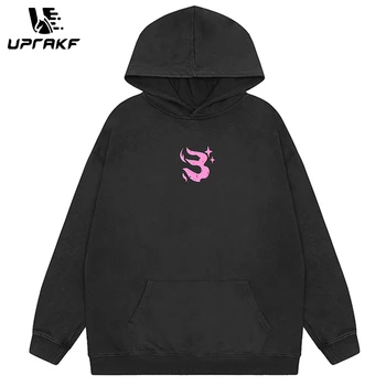 UPRAKF Реколта hoody с качулка в стил хип-хоп, пуловери с писмото графичен принтом Y2K, выстиранная hoody, ежедневни есента на улицата мода в стил пънк