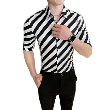 Мъжка лятна нова ежедневни риза с 3/4 ръкав в привлече диагонал ивица, приталенного намаляване, с принтом размер Оверсайз M-5XL, универсален случайни топ, мъжка риза