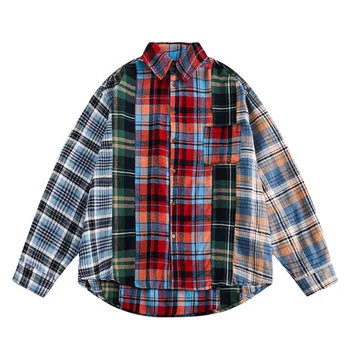 Градинска Мъжки клетчатая риза с дълъг ръкав в ретро стил, реколта клетчатая риза в стил мозайка, хип-хоп, Harajuku, ежедневни риза Оверсайз, яке
