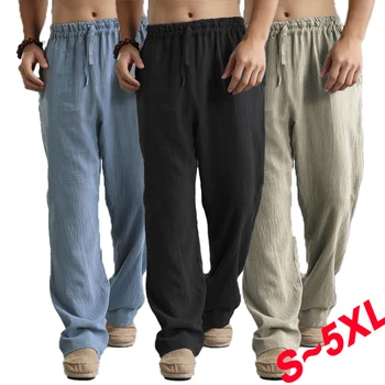 Модерен мъжки памук, ленени панталони с шнурком, свободни спортни панталони, мъжки обикновена ежедневни панталони за джогинг