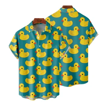 Мъжки ежедневни риза Hawaiian Resort с ревера и яката на копчета с принтом жълти патици, нова летни дрехи 2024 г.