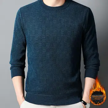 Мъжката есенно-зимния пуловер с дебело кръгло деколте и дълъг ръкав, Всекидневни пуловер със средна дължина, вязаный топ с еластична аппликацией
