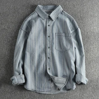 Тканая плат, выстиранная за производство на старата ризи с дълъг ръкав, мъжки ежедневното палто в стил ретро