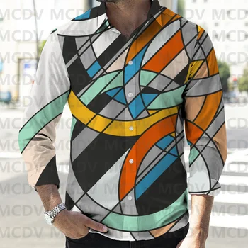 Мъжки ежедневни риза с 3D принтом Rainbow Geometry С дълъг ръкав, ризи с копчета, пролетно Мъжки ежедневни риза с ревера.