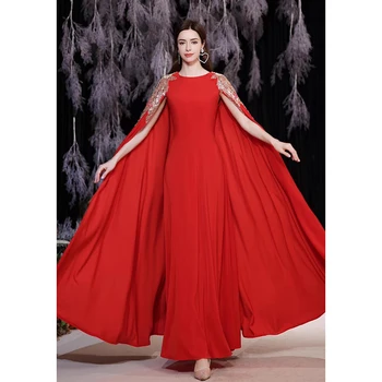 Рокля за бала 2023, червен френска шал с кръгло деколте, мъниста, перли, трапециевидное рокля в стил империя дължина до щиколоток, вечерна рокля в стил империя