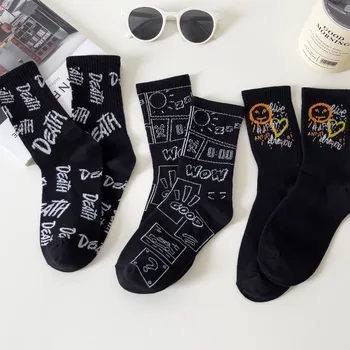 Дамски чорапи, чорапи със средна дължина, черни букви, дишащи памучни чорапи за почивка, кальцетины, скейтбордове в стил хип-хоп, меки момичето с призрачно лице