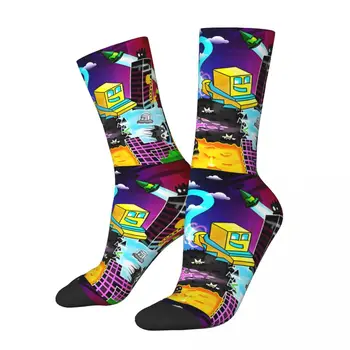 Забавни happy мъжки компресия чорапи Геометричен плакат Ретро Harajuku Geometry Dash Game, хип-хоп Новост, модел Crew Crazy Sock
