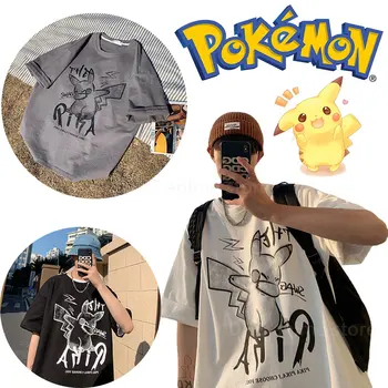 Мъжка Тениска за възрастни Pokemon Pikachu, Модни Анимационна Тениска С Графити, Лятна Тениска С Къс Ръкав, Свободна Удобна, Дишаща Тениска Harajuku