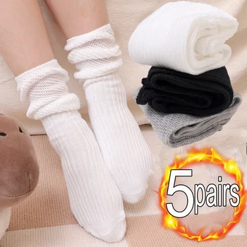 5 Двойки женски чорапи, свободни памучни чорапи със средна плетени, обикновена Модерни ежедневни дамски купища къси чорапи, чорапи Дишащи