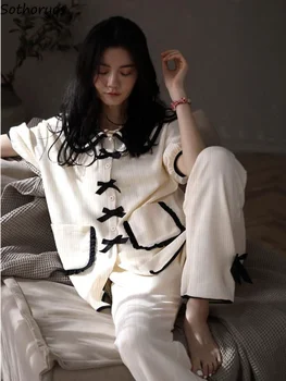Пижамные комплекти Дамски Ретро Меки Harajuku Дамски Летни Шик Сладки училищните Прости пижами Основни Съответствие Прекрасен Корейски стил Новост