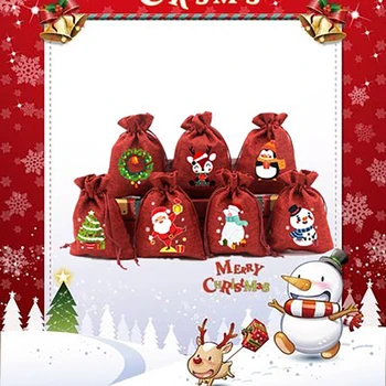 Весела Коледа, Вино-Червено Бельо Платнена Торбичка За Бонбони С Шнурком, За Опаковане На Подаръци, Коледна Украса, Коледни Аксесоари