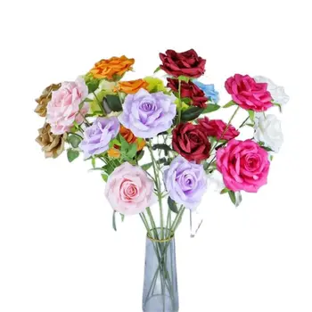 ЕДНА изкуствена пролетна роза на дълго стъбло (3 глави/на брой) дължина 25 инча, имитирующая завивку зелен лист рози за централните бижута сватба