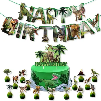 Тематично Бижу парти с Динозавром, Банер честит Рожден Ден, Топперы за торта с Динозавром, Детски Аксесоари за душата в Джунглата за момчетата на Рожден Ден