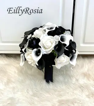 Булчински букет в готически стил от эйлирозии бели и черни цветове за булката, Брошка от цяла Кала, Лилия, Букет с цветя, изработени по поръчка