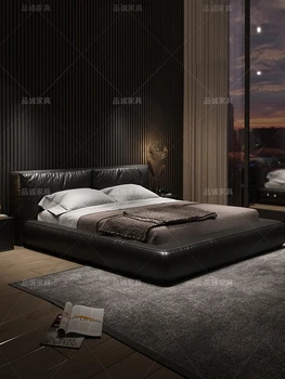 Лека луксозна кожена легло скандинавските двойно легло, двойно легло в основната спалня и сватбена легло 1.8 m легло модерна проста италианската минималистичная кожа
