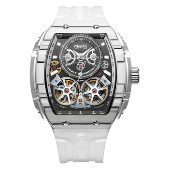 Мъжки автоматичен часовник Mark Fairwhale 48 мм Луксозни Механични ръчни часовници Tonneau с Светящимся виртуален скелет и двойно маховиком Bezel от въглеродни влакна