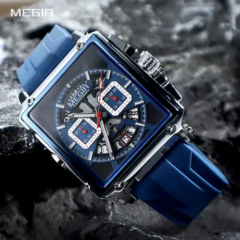Мъжки кварцов часовник MEGIR Тъмно синьо с хронограф, водоустойчив ръчен часовник с каишка силикон, светещите стрелки, дата, квадратен циферблат 2233