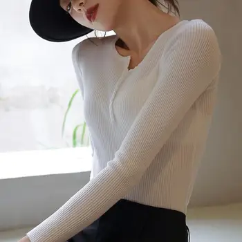Нова майк с V-образно деколте и дълъг ръкав, копчета в стил пуловери 2023 година, през пролетта и есента на Жените през Зимата носят обикновена блуза