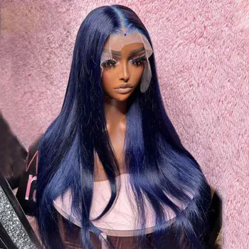 Предварително выщипанный мек 26-инчов тъмно синьо копринено директен дълга перука от естествена коса без подплата на дантели отпред за жени Babyhair