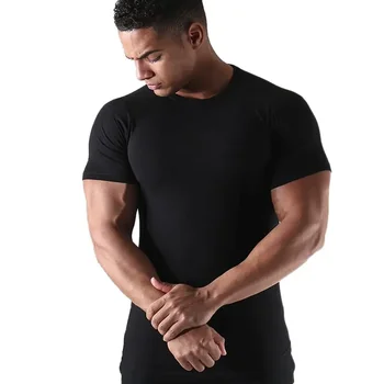 B1779 Мъжка черна тениска от цели памук с къс ръкав, тениски за тренировки на спортни зали, фитнес, културизъм, мъжки летни ежедневни тънки тениски