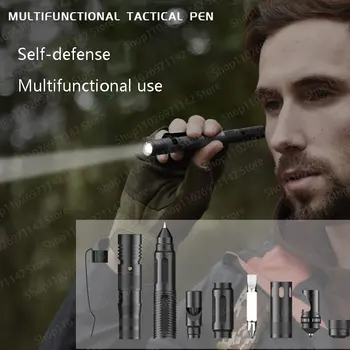 Многофункционална тактическа химикалка, фенерче, дръжка за самозащита, Счупен прозорец, дръжка Edc, Инструмент за оцеляване на открито, Мобилна сигурност
