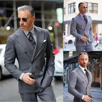Тъмно сиви мъжки бизнес костюм, сако, панталони от 2 части, Двубортная Официалната работно облекло, Смокинг за младоженеца, Оборудвана яке