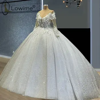 Блестяща Бална рокля на Принцеса с дълги ръкави Сватбени рокли 2021 3D Буйни Цветя на Сватбени рокли с рюшами Robes De Mariage