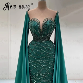 Елегантна вечерна рокля с дълъг ръкав-нос изумрудено-зелен цвят, арабски рокли на знаменитости, сватбена рокля с пайети, расшитое мъниста.