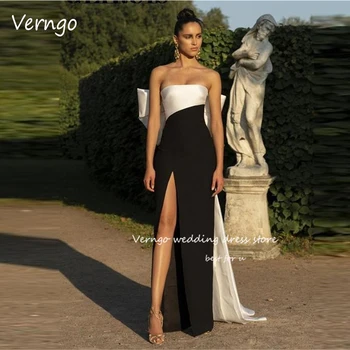Verngo/ Секси черно-бели сатенени вечерни рокли, без презрамки, с лък на гърба, дълги рокли за абитуриентски бал с прерязано, Арабско-секси вечерна рокля