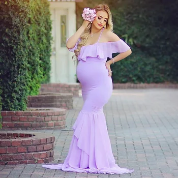 Дамско дантелено рокля за бременни с открити рамене фотография, бебешка рокля-русалка с волани и цветен модел за фотосесия
