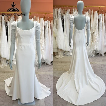 Просто елегантна сватбена рокля с пищни ръкави и секси колан с отворен гръб, атласное сватбена рокля 