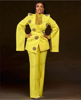 Кристално-жълт комплект женски офис костюми, 2 броя, сватбени смокинги, сако + панталон, рокля за абитуриентски бал, вечерно палто с разрезными ръкави, сшитое по поръчка
