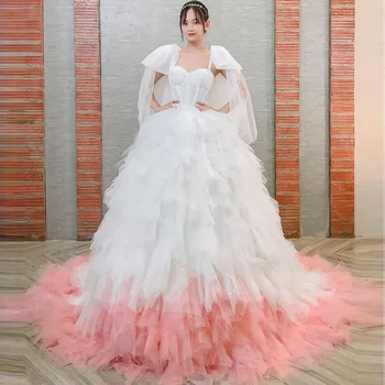 Вечерна рокля за бала, уникална многослойна пола от тюл с рюшами, ръкав с деколте във формата на сърце, бяло и розово бална рокля, сватбената рокля на поръчка