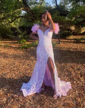 Розова дълга вечерна рокля русалка в африканския стил за жени, блестяща рокля за абитуриентски бал с пайети и пера, празнична рокля с отворен гръб, vestidos de gala