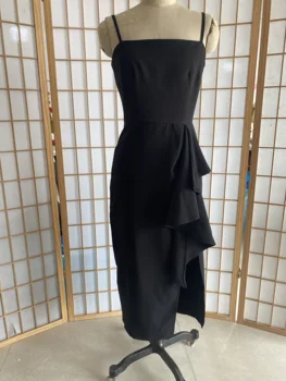Пролетно новост 2023, черно дебнещ секси елегантна рокля в стила на Хепбърн с волани, женствена рокля, секси рокля.