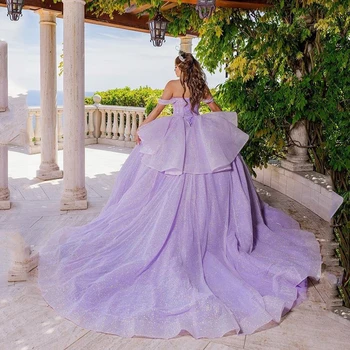 Буйни рокля с открити рамене лавандула цвят, пола, Vestidos De 15 Anos, рокли за партита Gillter, принцеса за рождения ден.