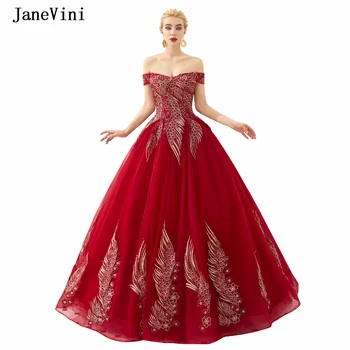 JaneVini, бордо Елегантни дълги рокли за абитуриентски бал 2019, с открити рамене, изискана бална рокля от тюл с бродерия, вечерни дамски рокли за партита