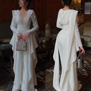 Елегантни рокли на знаменитости трапецовидна форма с V-образно деколте и пайети, сатенени вечерни рокли от тюл в пода, vestido blanco